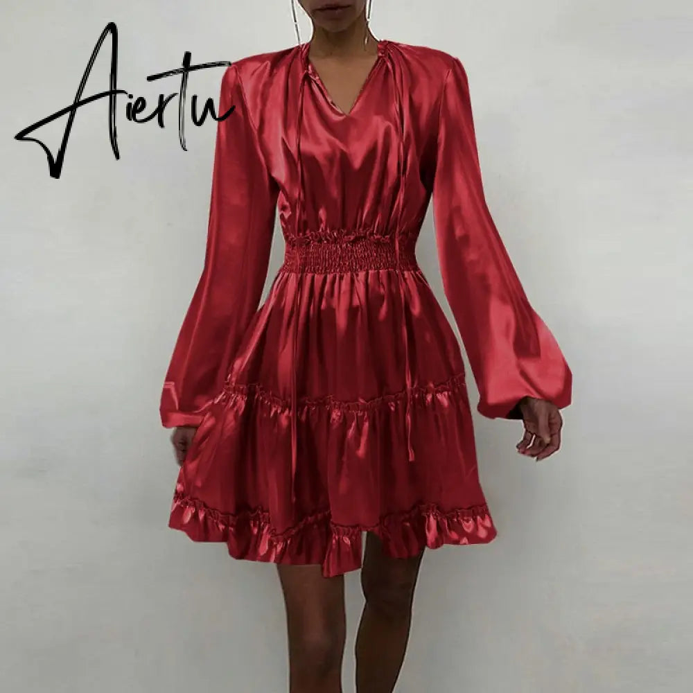 Aiertu Women Silk Dress Celmia Satin Mini Robe Summer Elegant Party Wrap Evening Dress Long Lantern Sleeve V Neck Solid Vestidos Aiertu