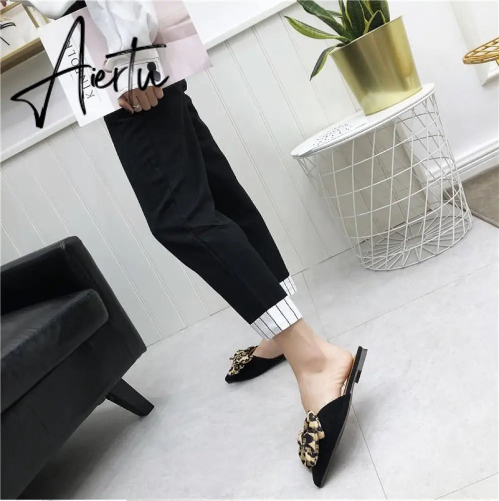 Aiertu Women Slippers Pointed Toe Leopard Bow Mules Shoes Slip On Fashion Outside Shallow Beach Shoes Slides Flats Heeled Size 35-40 Aiertu