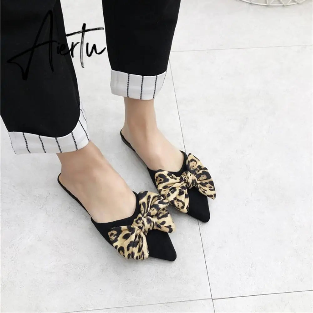 Aiertu Women Slippers Pointed Toe Leopard Bow Mules Shoes Slip On Fashion Outside Shallow Beach Shoes Slides Flats Heeled Size 35-40 Aiertu