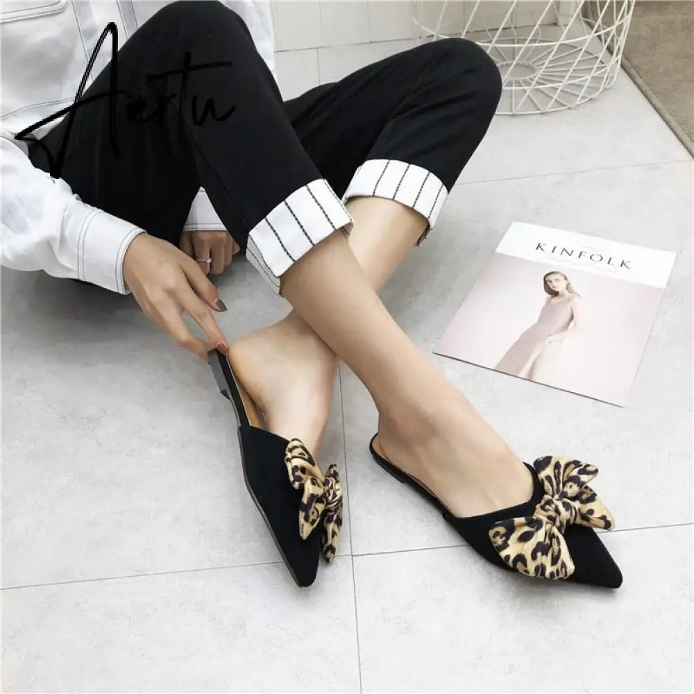 Aiertu Women Slippers Pointed Toe Leopard Bow Mules Shoes Slip On Fashion Outside Shallow Beach Shoes Slides Flats Heeled Size 35-40 Aiertu