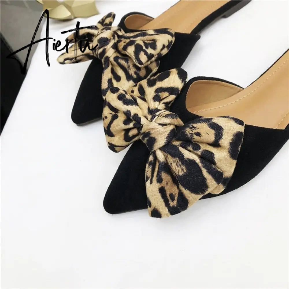 Aiertu Women Slippers Pointed Toe Leopard Bow Mules Shoes Slip On Fashion Outside Shallow Beach Shoes Slides Flats Heeled Size 35-40 Aiertu
