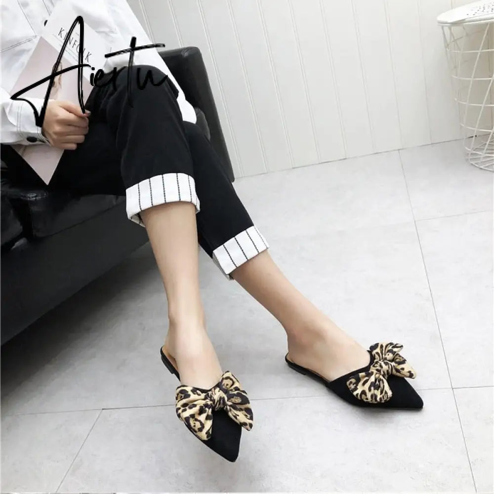 Aiertu Women Slippers Pointed Toe Leopard Bow Mules Shoes Slip On Fashion Outside Shallow Beach Shoes Slides Flats Heeled Size 35-40 Aiertu