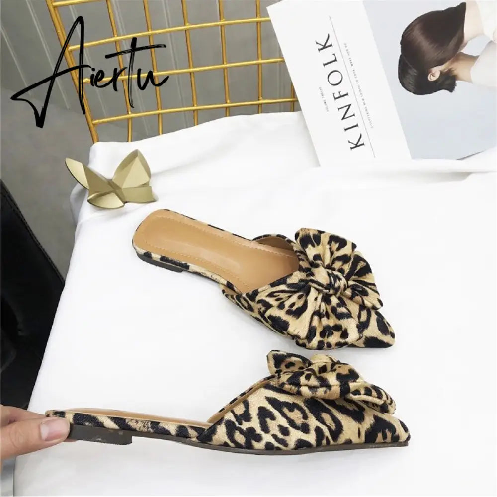 Aiertu Women Slippers Pointed Toe Leopard Bow Mules Shoes Slip On Fashion Outside Shallow Beach Shoes Slides Flats Heeled Size 35-40 Aiertu