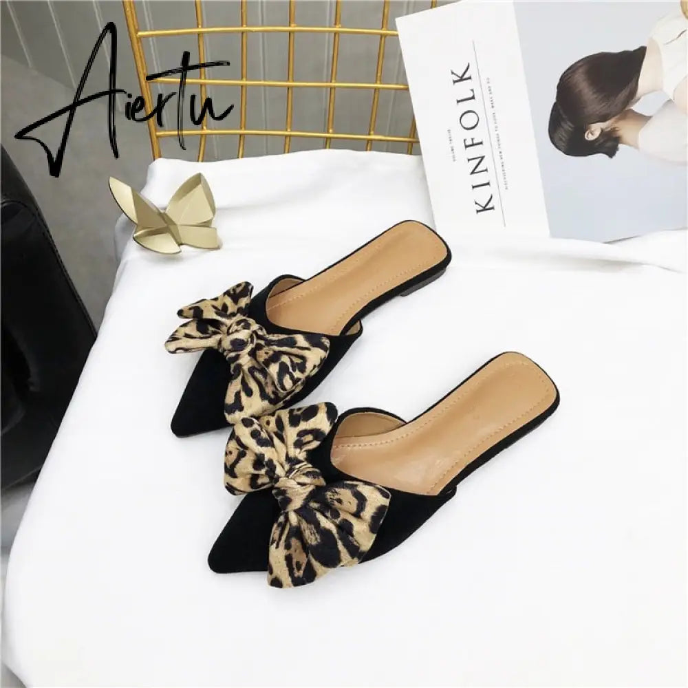 Aiertu Women Slippers Pointed Toe Leopard Bow Mules Shoes Slip On Fashion Outside Shallow Beach Shoes Slides Flats Heeled Size 35-40 Aiertu