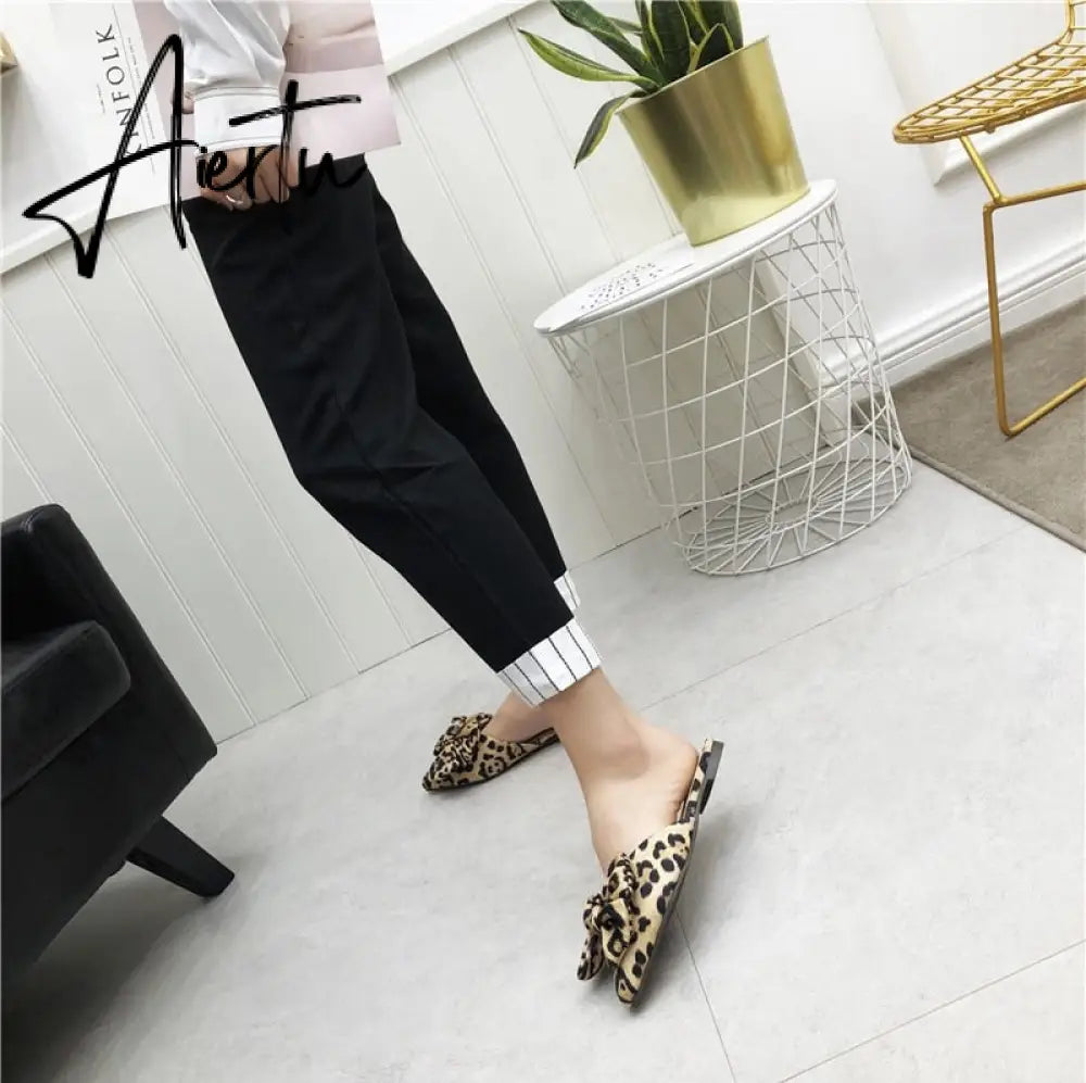 Aiertu Women Slippers Pointed Toe Leopard Bow Mules Shoes Slip On Fashion Outside Shallow Beach Shoes Slides Flats Heeled Size 35-40 Aiertu