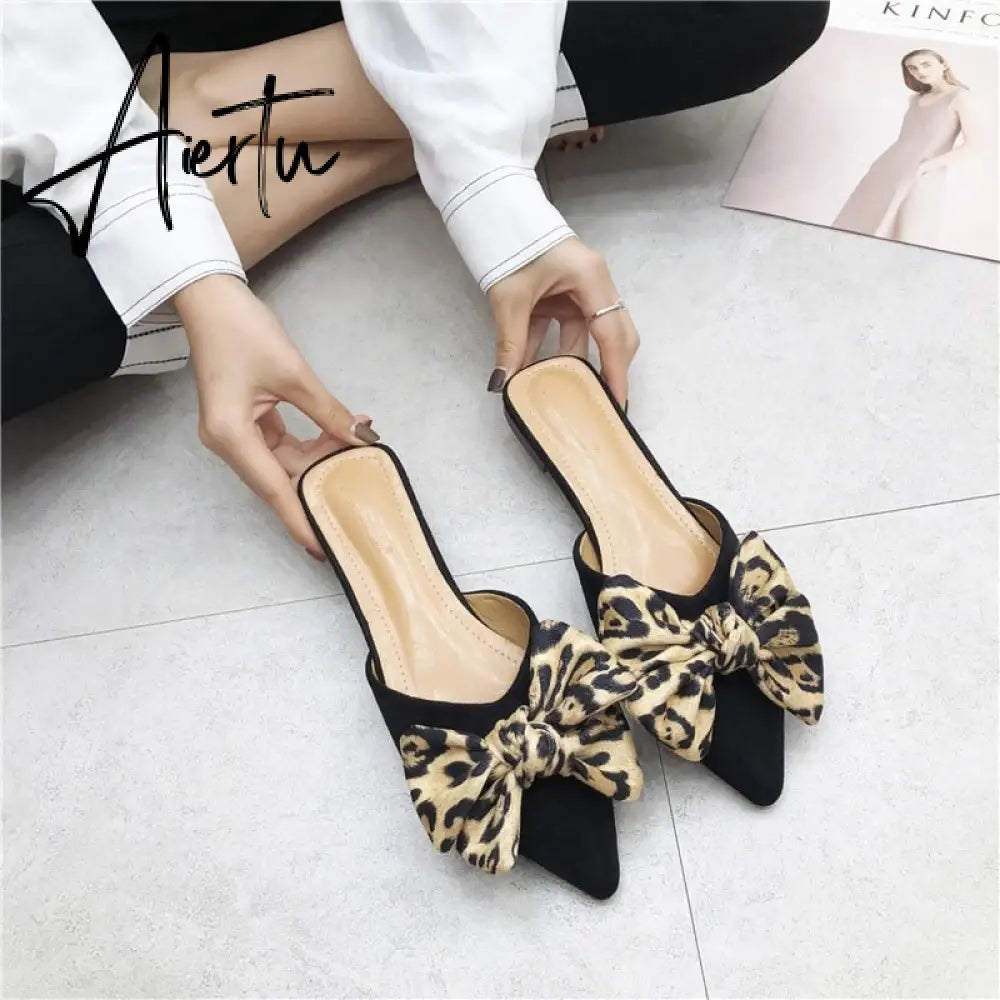 Aiertu Women Slippers Pointed Toe Leopard Bow Mules Shoes Slip On Fashion Outside Shallow Beach Shoes Slides Flats Heeled Size 35-40 Aiertu