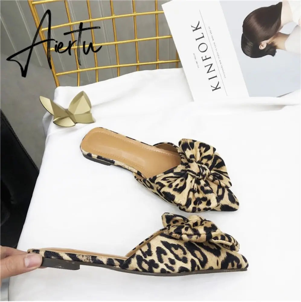Aiertu Women Slippers Pointed Toe Leopard Bow Mules Shoes Slip On Fashion Outside Shallow Beach Shoes Slides Flats Heeled Size 35-40 Aiertu