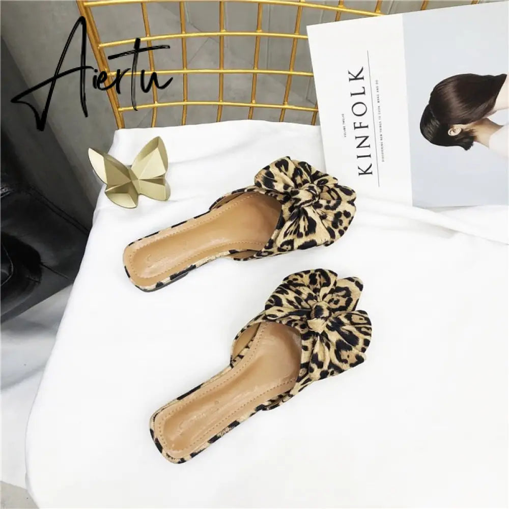 Aiertu Women Slippers Pointed Toe Leopard Bow Mules Shoes Slip On Fashion Outside Shallow Beach Shoes Slides Flats Heeled Size 35-40 Aiertu