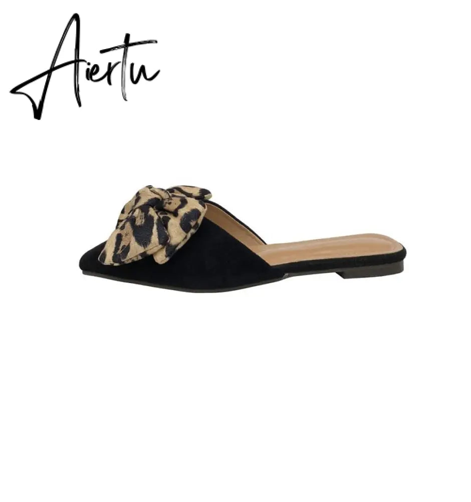 Aiertu Women Slippers Pointed Toe Leopard Bow Mules Shoes Slip On Fashion Outside Shallow Beach Shoes Slides Flats Heeled Size 35-40 Aiertu