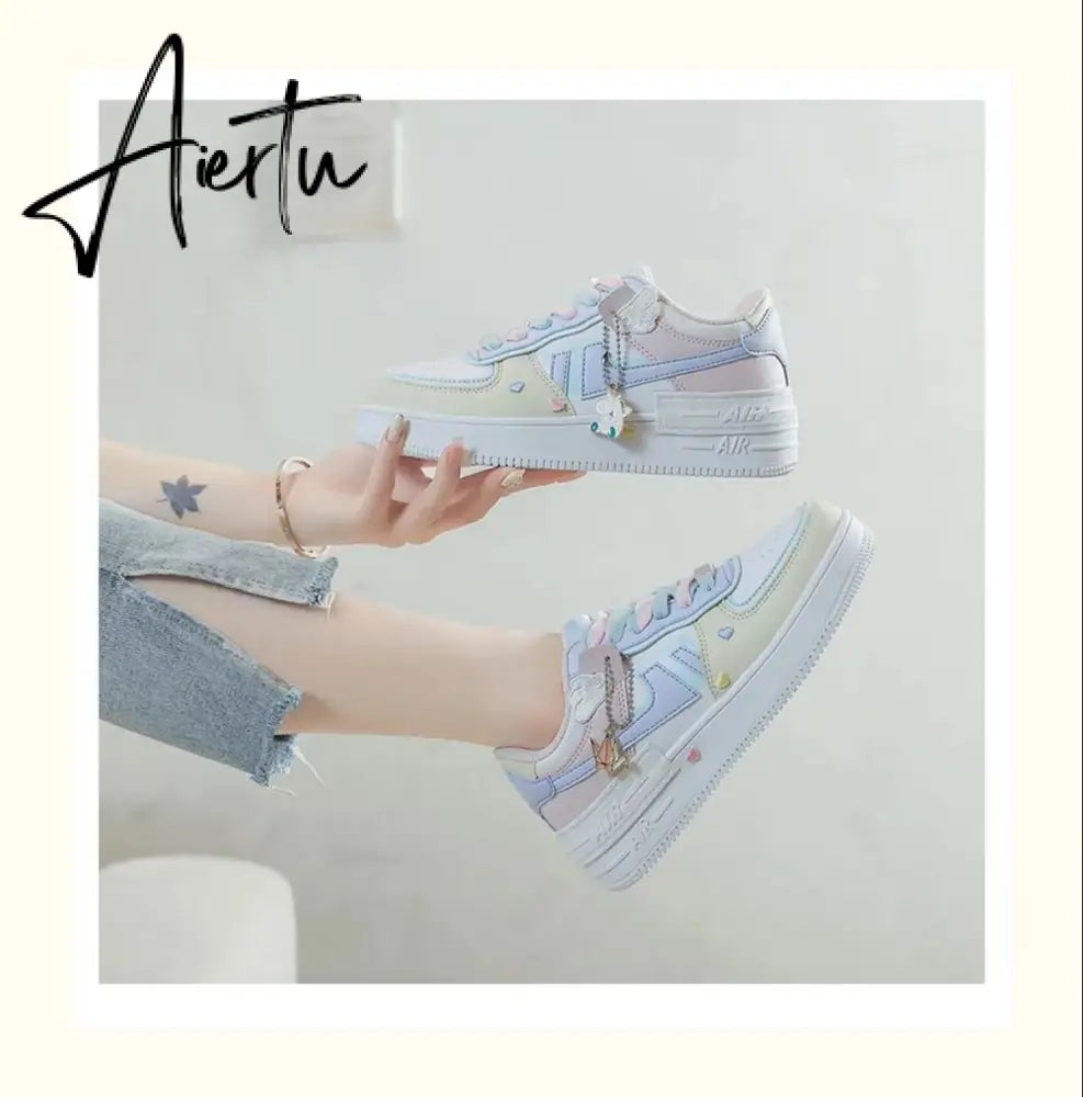 Aiertu Women Sneakers White Pink Tennis Cute Lovely Girl Casual Shoes Female Student Blue Low Top Platform Flats Ladies Vulcanize Shoes Aiertu