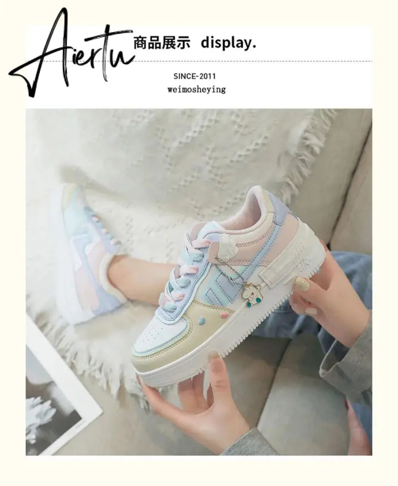 Aiertu Women Sneakers White Pink Tennis Cute Lovely Girl Casual Shoes Female Student Blue Low Top Platform Flats Ladies Vulcanize Shoes Aiertu