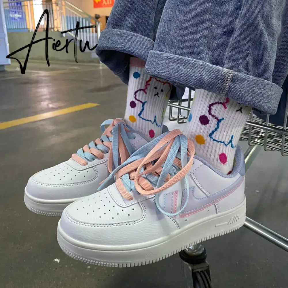 Aiertu Women Sneakers White Pink Tennis Cute Lovely Girl Casual Shoes Female Student Blue Low Top Platform Flats Ladies Vulcanize Shoes Aiertu