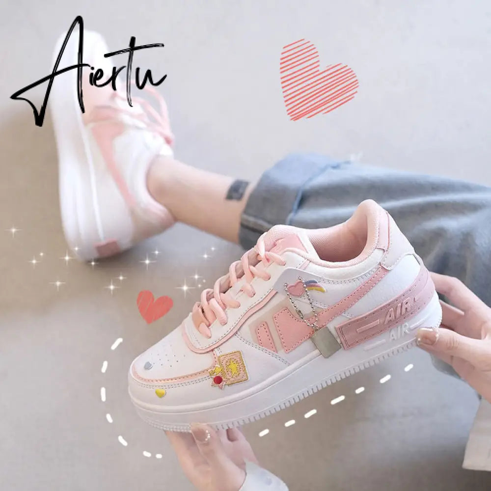 Aiertu Women Sneakers White Pink Tennis Cute Lovely Girl Casual Shoes Female Student Blue Low Top Platform Flats Ladies Vulcanize Shoes Aiertu