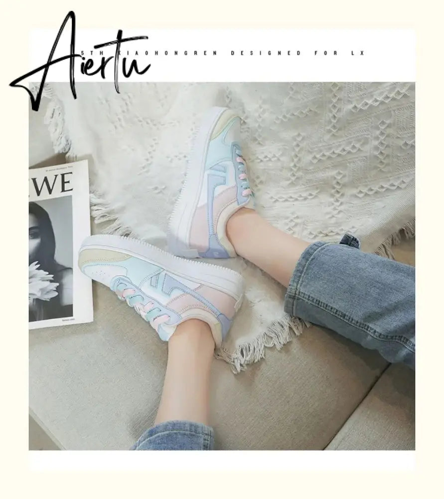 Aiertu Women Sneakers White Pink Tennis Cute Lovely Girl Casual Shoes Female Student Blue Low Top Platform Flats Ladies Vulcanize Shoes Aiertu