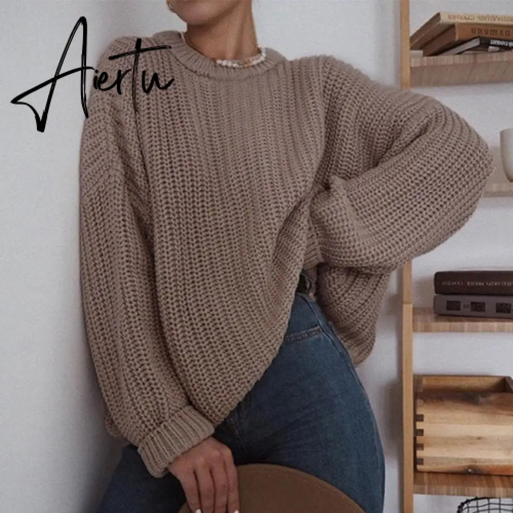 Aiertu Women Solid Knitted Thickening Oversized Sweater Female Round Neck Long Sleeve Casual Loose Pullovers Top Autumn Winter Aiertu