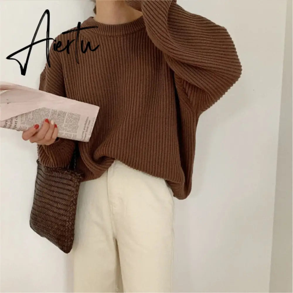 Aiertu Women Solid Knitted Thickening Oversized Sweater Female Round Neck Long Sleeve Casual Loose Pullovers Top Autumn Winter Aiertu