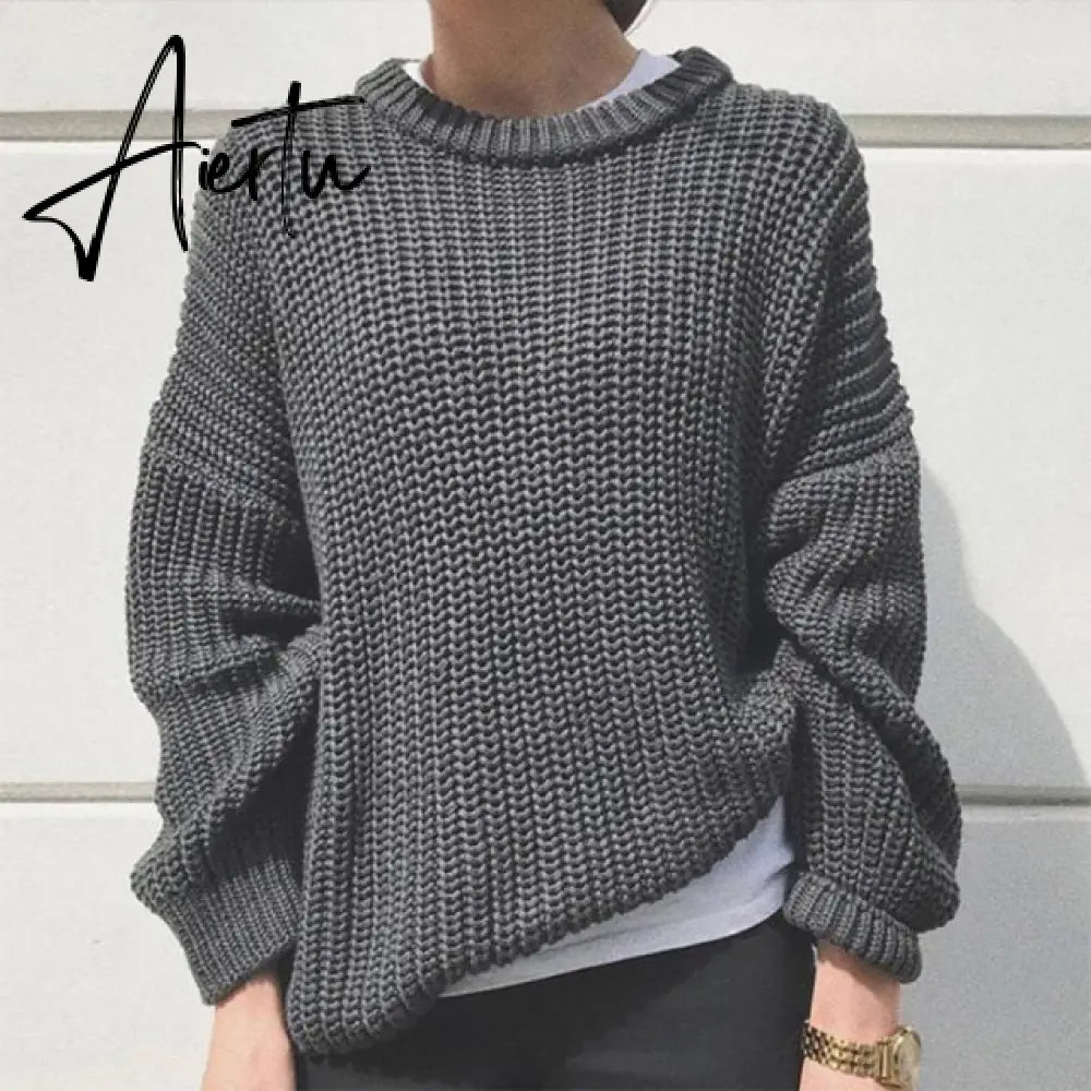 Aiertu Women Solid Knitted Thickening Oversized Sweater Female Round Neck Long Sleeve Casual Loose Pullovers Top Autumn Winter Aiertu