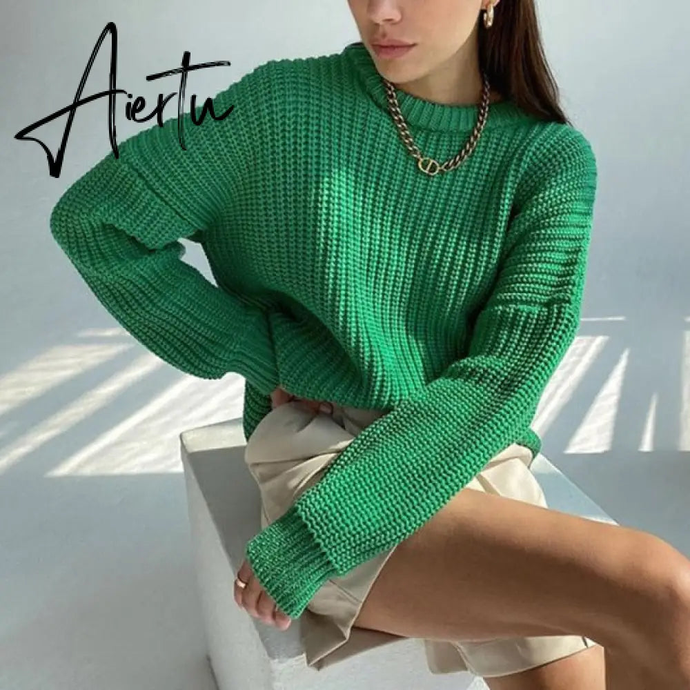 Aiertu Women Solid Knitted Thickening Oversized Sweater Female Round Neck Long Sleeve Casual Loose Pullovers Top Autumn Winter Aiertu