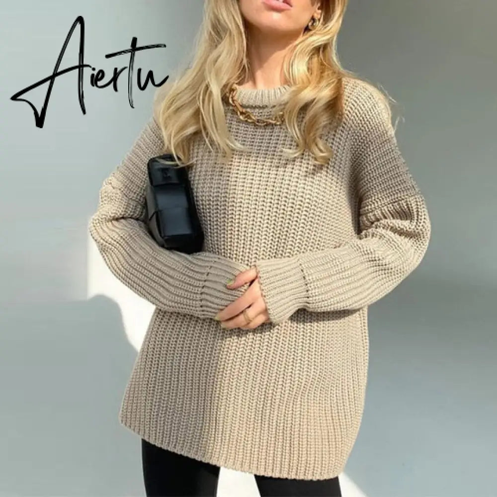 Aiertu Women Solid Knitted Thickening Oversized Sweater Female Round Neck Long Sleeve Casual Loose Pullovers Top Autumn Winter Aiertu