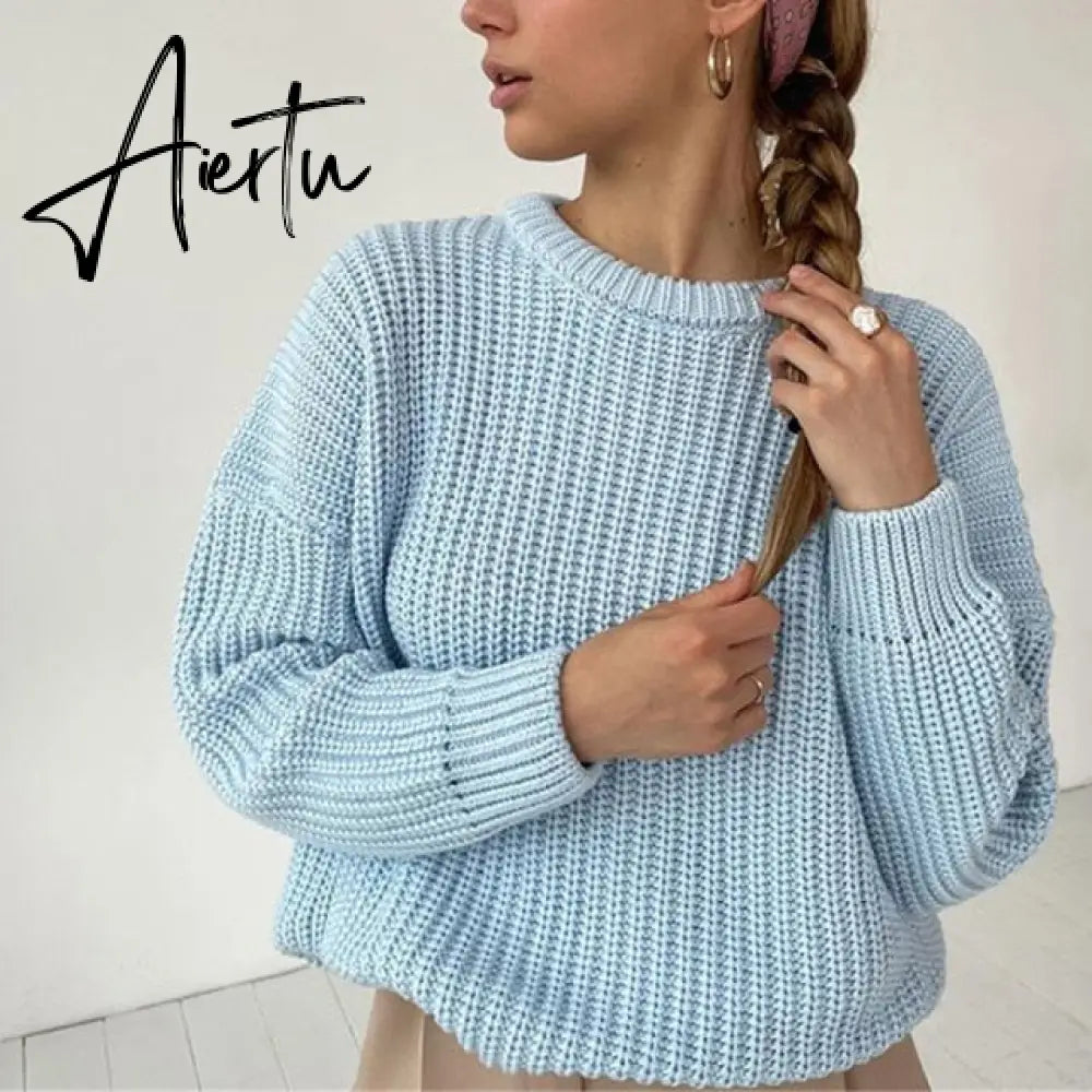 Aiertu Women Solid Knitted Thickening Oversized Sweater Female Round Neck Long Sleeve Casual Loose Pullovers Top Autumn Winter Aiertu