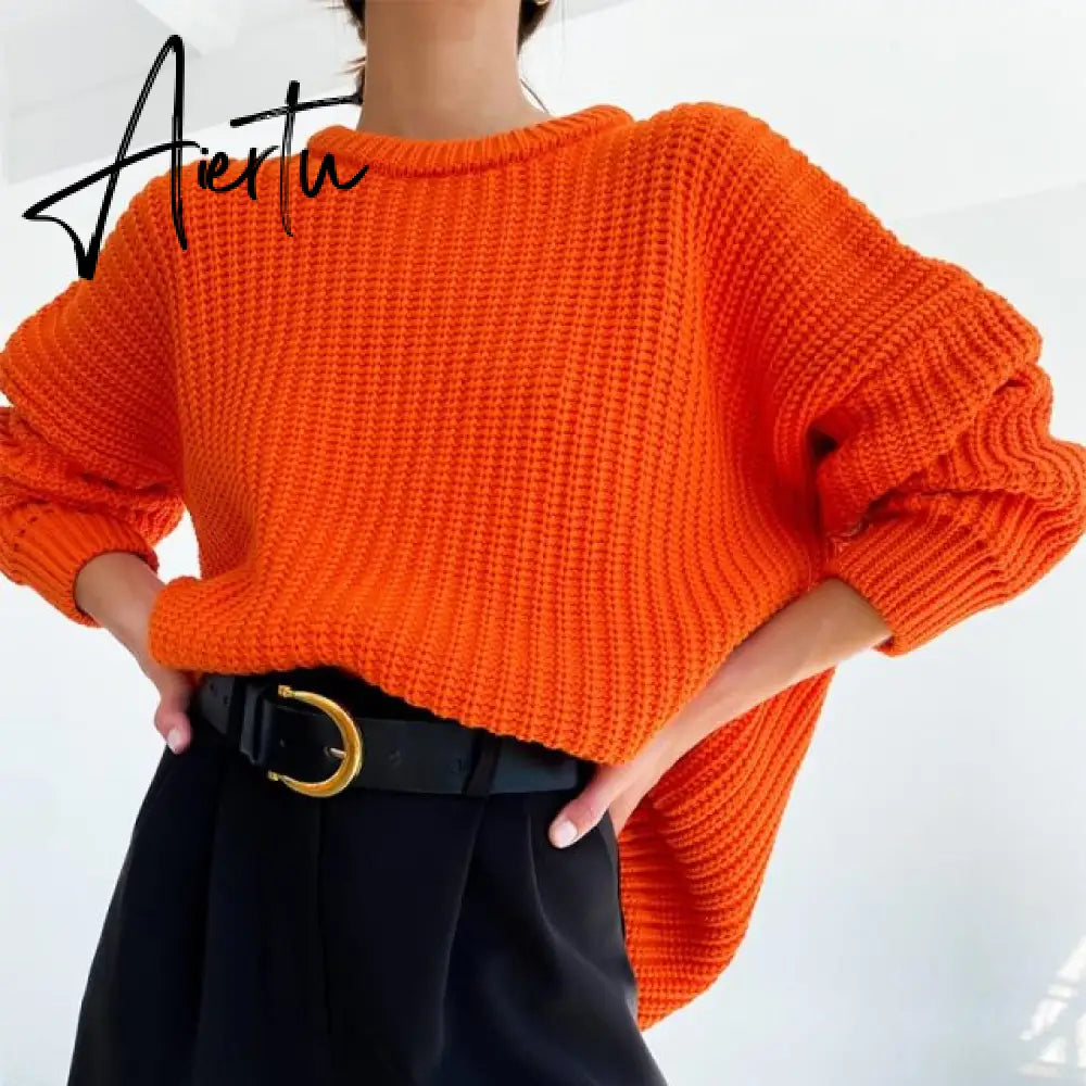 Aiertu Women Solid Knitted Thickening Oversized Sweater Female Round Neck Long Sleeve Casual Loose Pullovers Top Autumn Winter Aiertu
