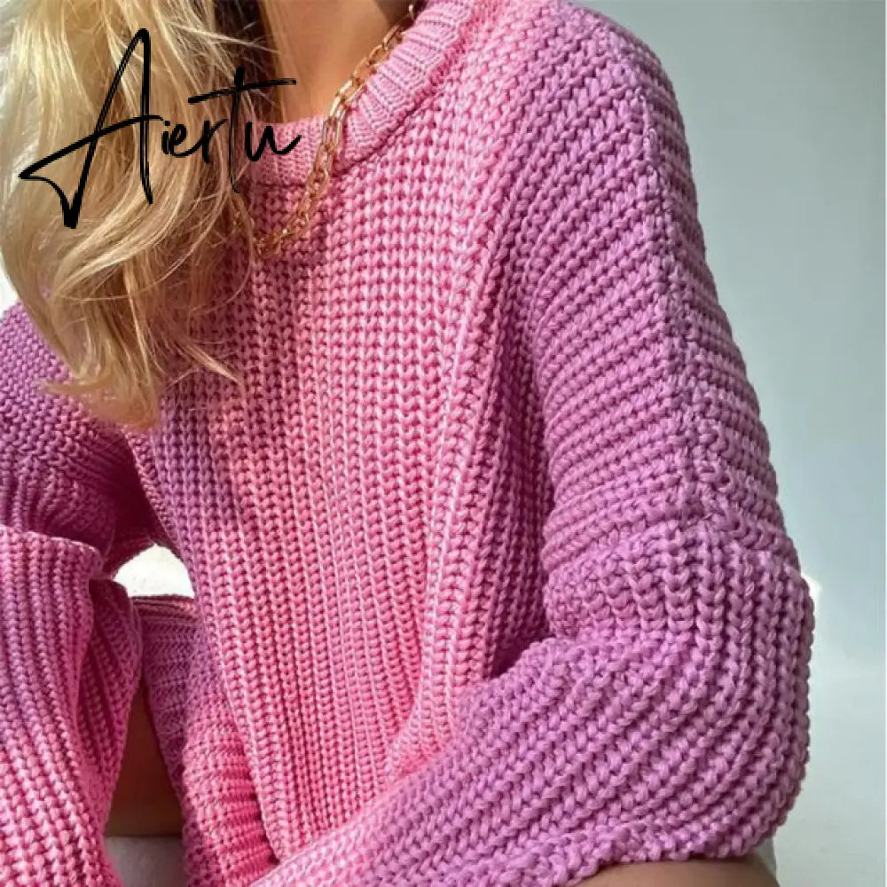 Aiertu Women Solid Knitted Thickening Oversized Sweater Female Round Neck Long Sleeve Casual Loose Pullovers Top Autumn Winter Aiertu