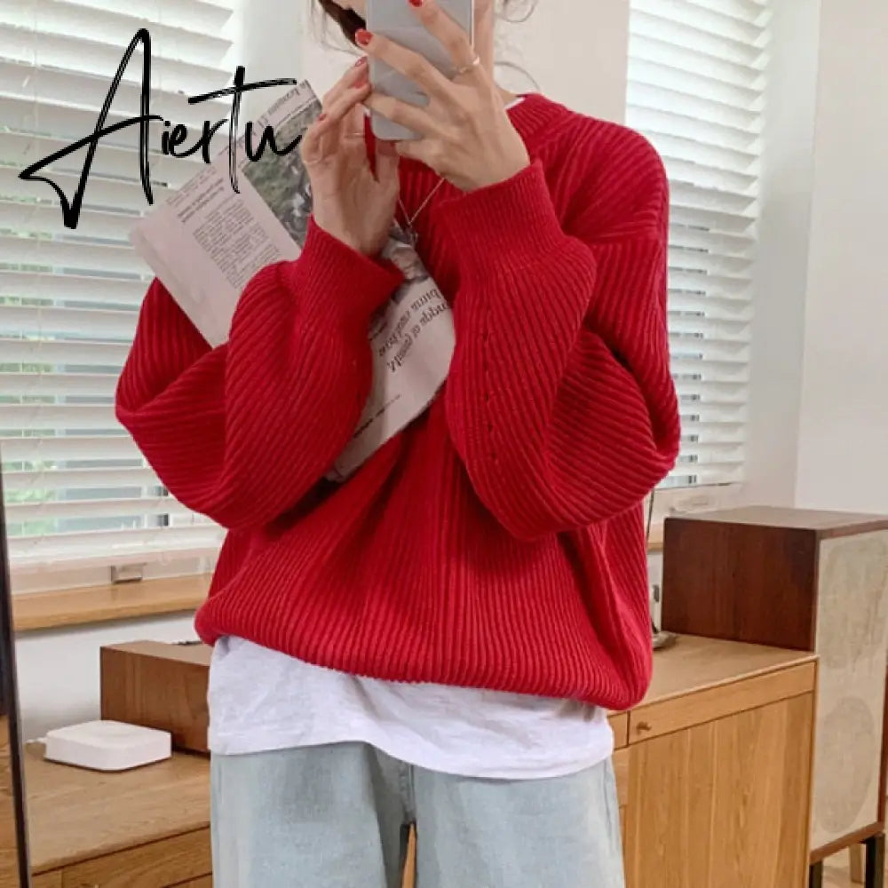 Aiertu Women Solid Knitted Thickening Oversized Sweater Female Round Neck Long Sleeve Casual Loose Pullovers Top Autumn Winter Aiertu