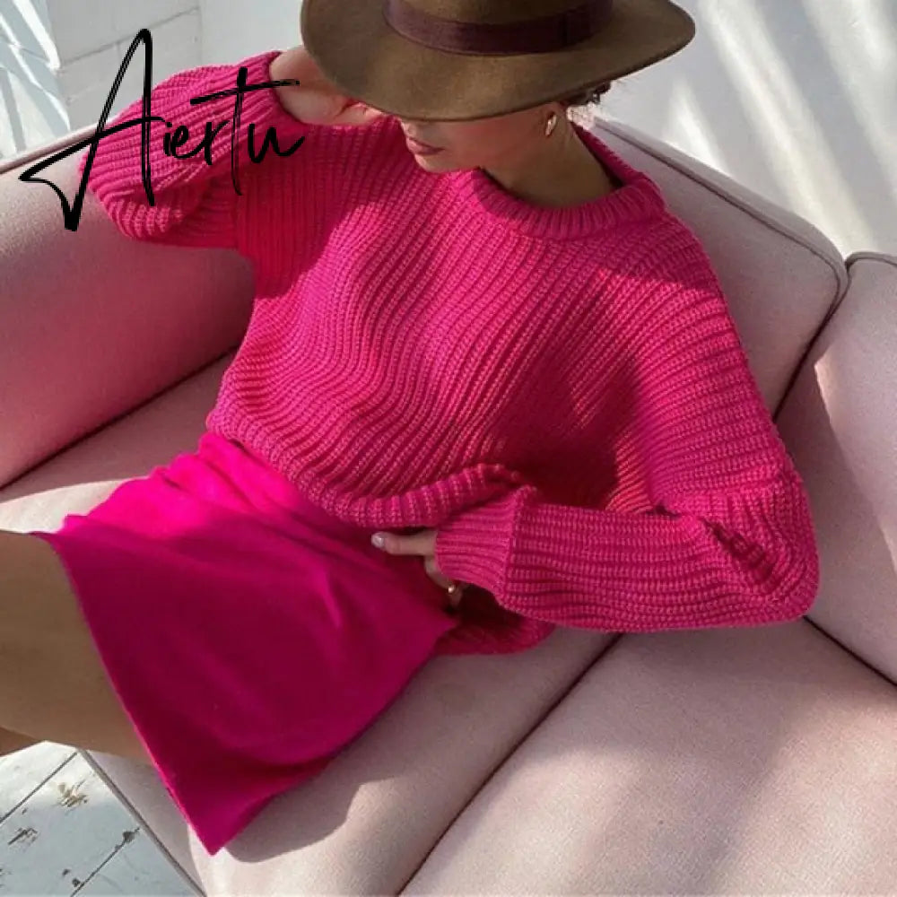 Aiertu Women Solid Knitted Thickening Oversized Sweater Female Round Neck Long Sleeve Casual Loose Pullovers Top Autumn Winter Aiertu