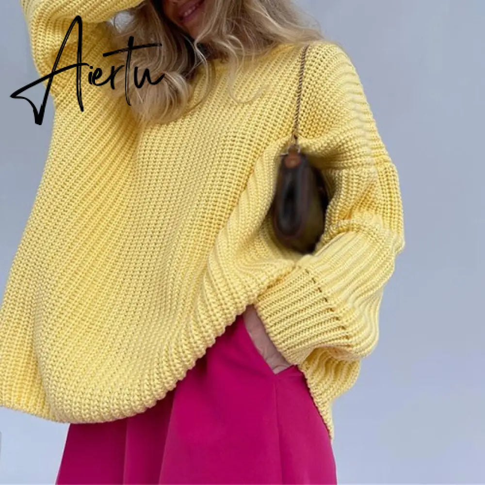 Aiertu Women Solid Knitted Thickening Oversized Sweater Female Round Neck Long Sleeve Casual Loose Pullovers Top Autumn Winter Aiertu