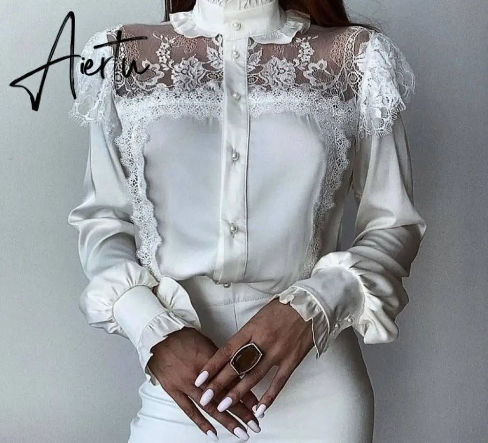 Aiertu  Women Solid Lace Decoration Fungus Hem Mesh Button Long Lantern Sleeves Stand Collar Sweet White BlousesTops Aiertu