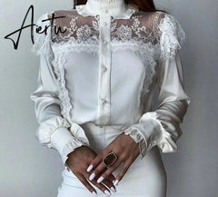 Aiertu  Women Solid Lace Decoration Fungus Hem Mesh Button Long Lantern Sleeves Stand Collar Sweet White BlousesTops Aiertu