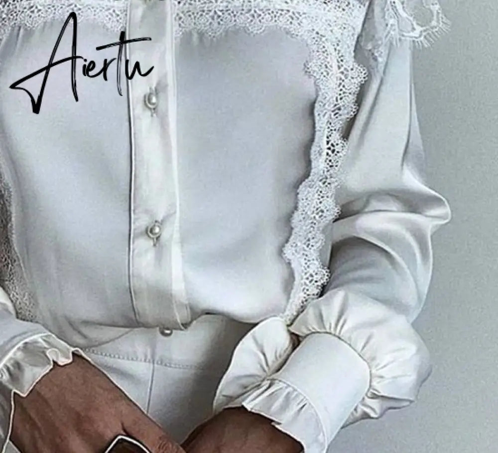 Aiertu  Women Solid Lace Decoration Fungus Hem Mesh Button Long Lantern Sleeves Stand Collar Sweet White BlousesTops Aiertu