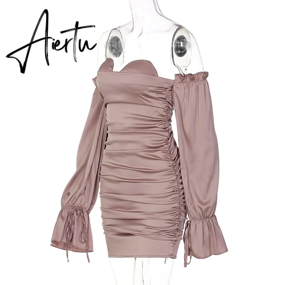 Aiertu Women Solid Long Loose Flare Sleeve With Drawstring Ruched Mini Dress spring  Autumn Streetwear Outfit Fashion Y2K Aiertu