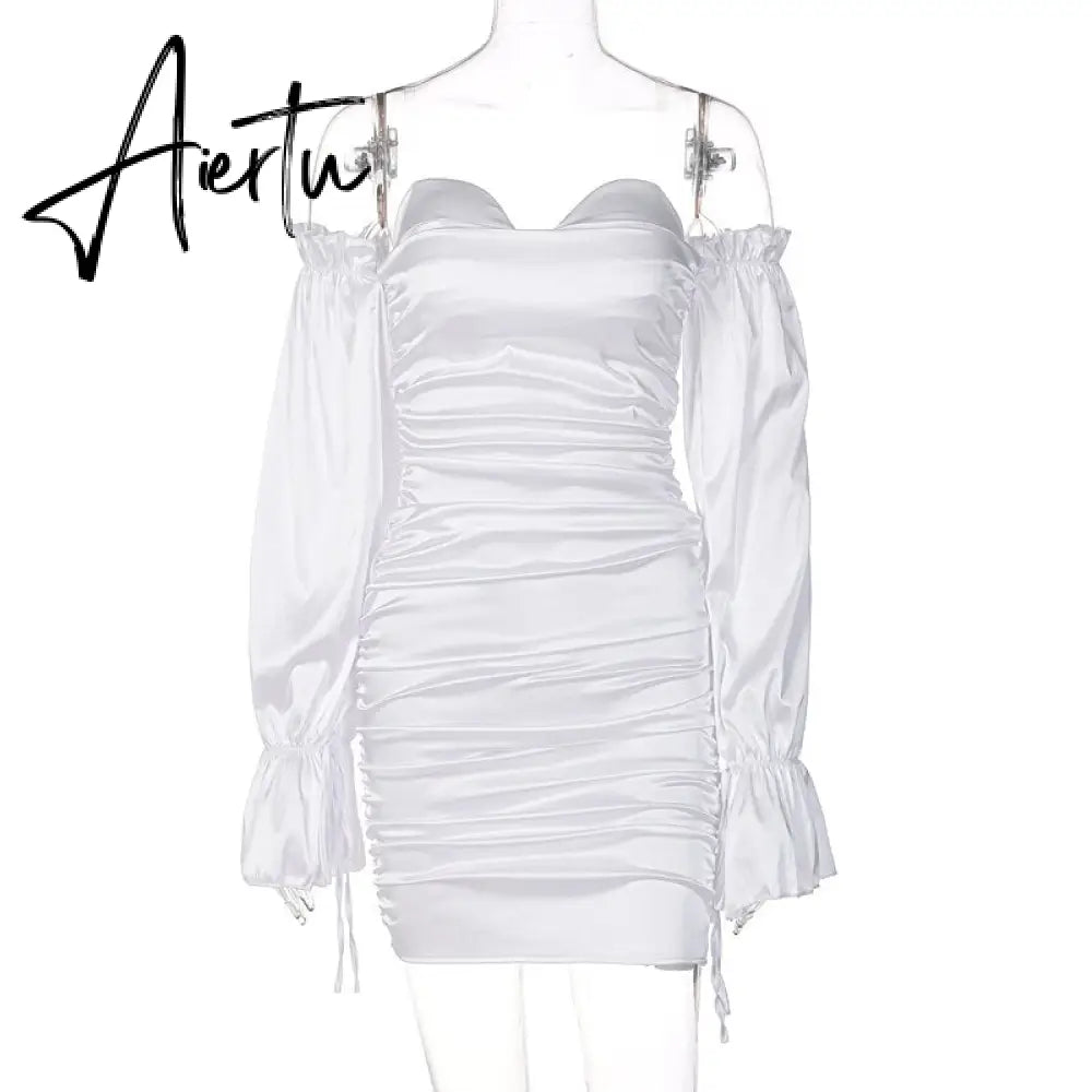 Aiertu Women Solid Long Loose Flare Sleeve With Drawstring Ruched Mini Dress spring  Autumn Streetwear Outfit Fashion Y2K Aiertu