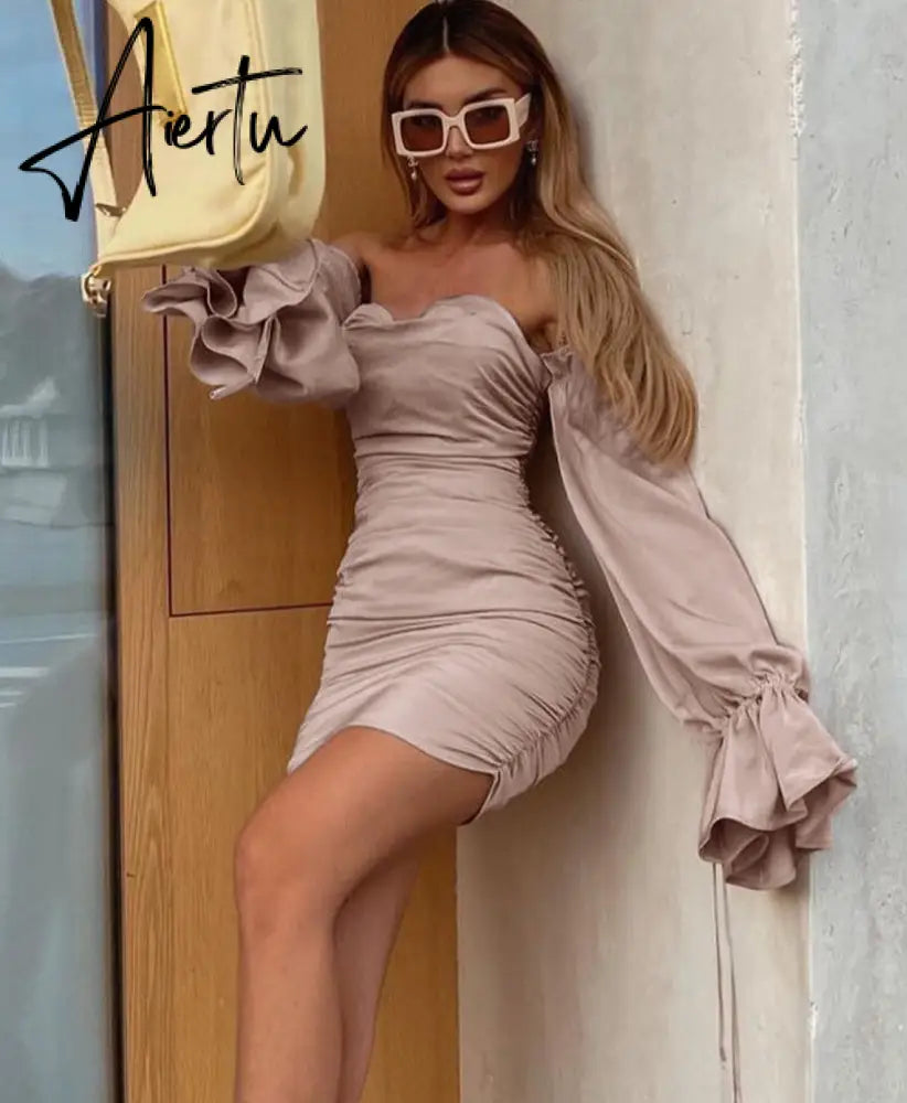 Aiertu Women Solid Long Loose Flare Sleeve With Drawstring Ruched Mini Dress spring  Autumn Streetwear Outfit Fashion Y2K Aiertu