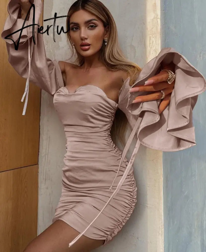 Aiertu Women Solid Long Loose Flare Sleeve With Drawstring Ruched Mini Dress spring  Autumn Streetwear Outfit Fashion Y2K Aiertu
