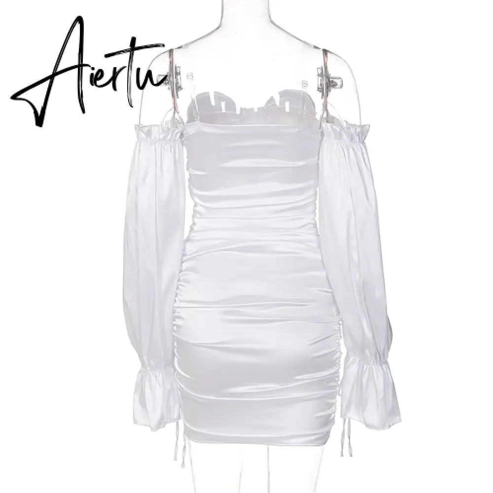Aiertu Women Solid Long Loose Flare Sleeve With Drawstring Ruched Mini Dress spring  Autumn Streetwear Outfit Fashion Y2K Aiertu