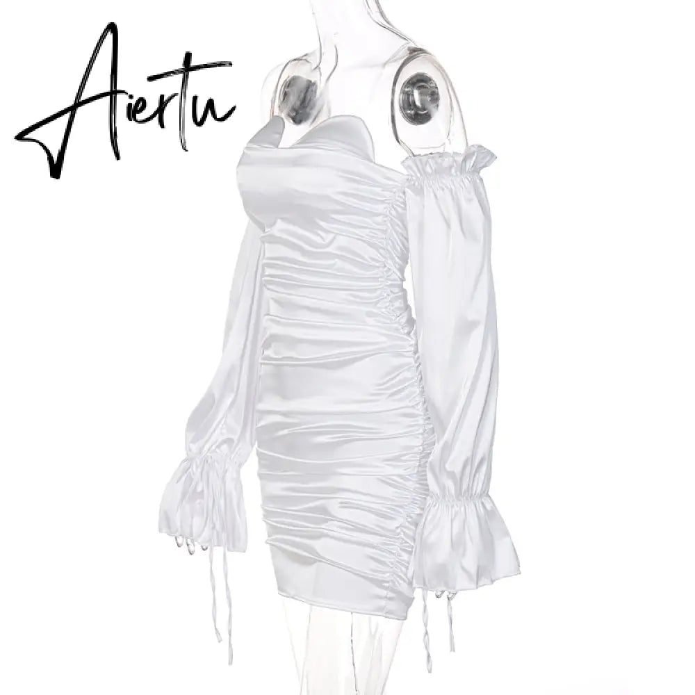 Aiertu Women Solid Long Loose Flare Sleeve With Drawstring Ruched Mini Dress spring  Autumn Streetwear Outfit Fashion Y2K Aiertu