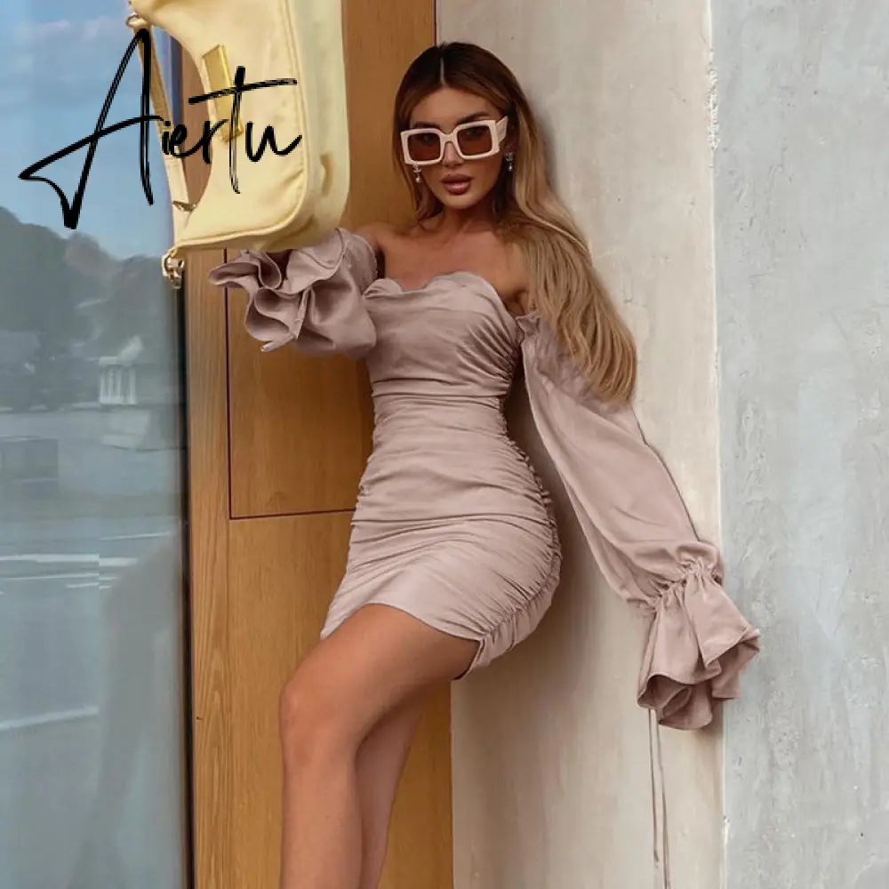 Aiertu Women Solid Long Loose Flare Sleeve With Drawstring Ruched Mini Dress spring  Autumn Streetwear Outfit Fashion Y2K Aiertu