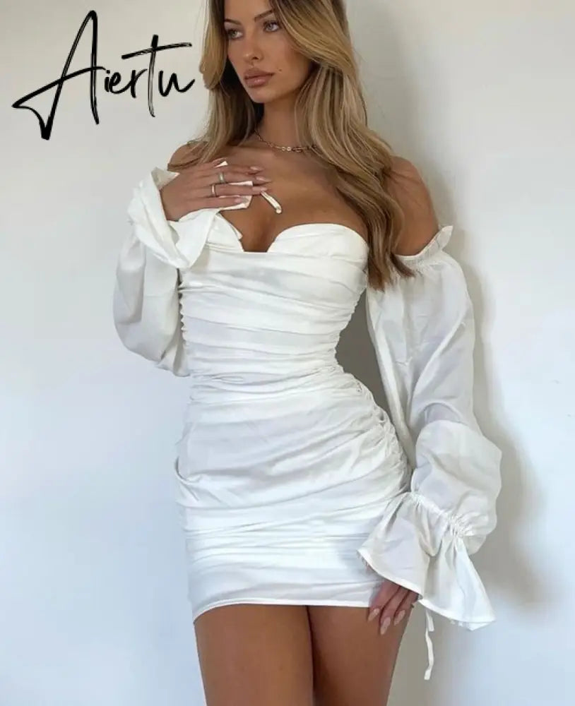 Aiertu Women Solid Long Loose Flare Sleeve With Drawstring Ruched Mini Dress spring  Autumn Streetwear Outfit Fashion Y2K Aiertu