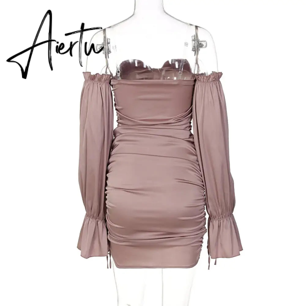 Aiertu Women Solid Long Loose Flare Sleeve With Drawstring Ruched Mini Dress spring  Autumn Streetwear Outfit Fashion Y2K Aiertu