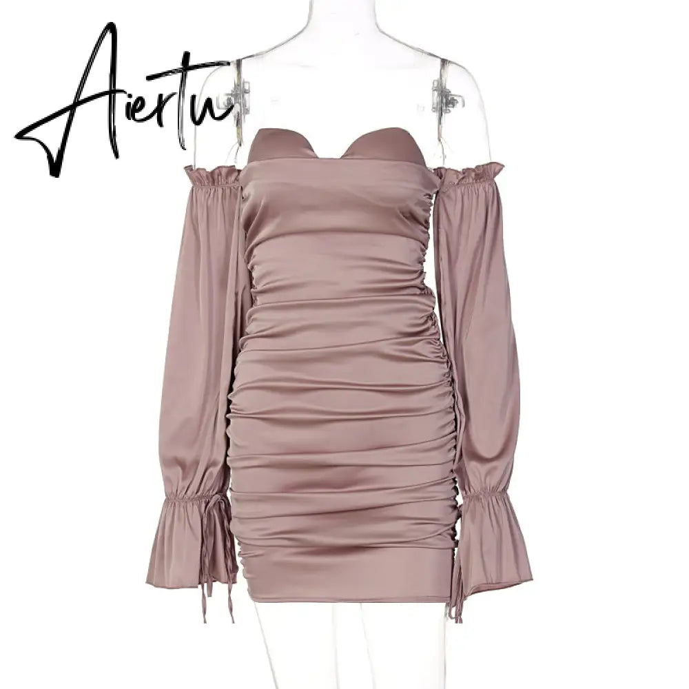 Aiertu Women Solid Long Loose Flare Sleeve With Drawstring Ruched Mini Dress spring  Autumn Streetwear Outfit Fashion Y2K Aiertu
