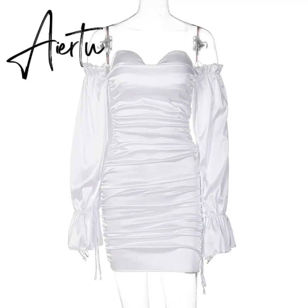 Aiertu Women Solid Long Loose Flare Sleeve With Drawstring Ruched Mini Dress spring  Autumn Streetwear Outfit Fashion Y2K Aiertu