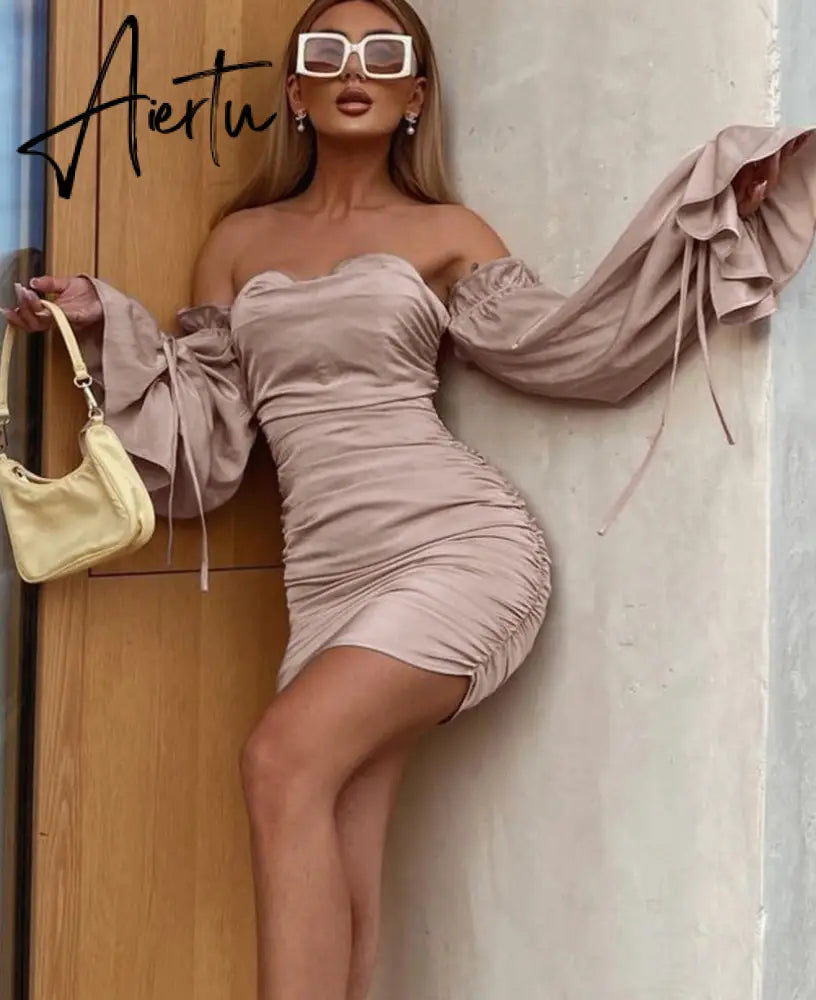 Aiertu Women Solid Long Loose Flare Sleeve With Drawstring Ruched Mini Dress spring  Autumn Streetwear Outfit Fashion Y2K Aiertu