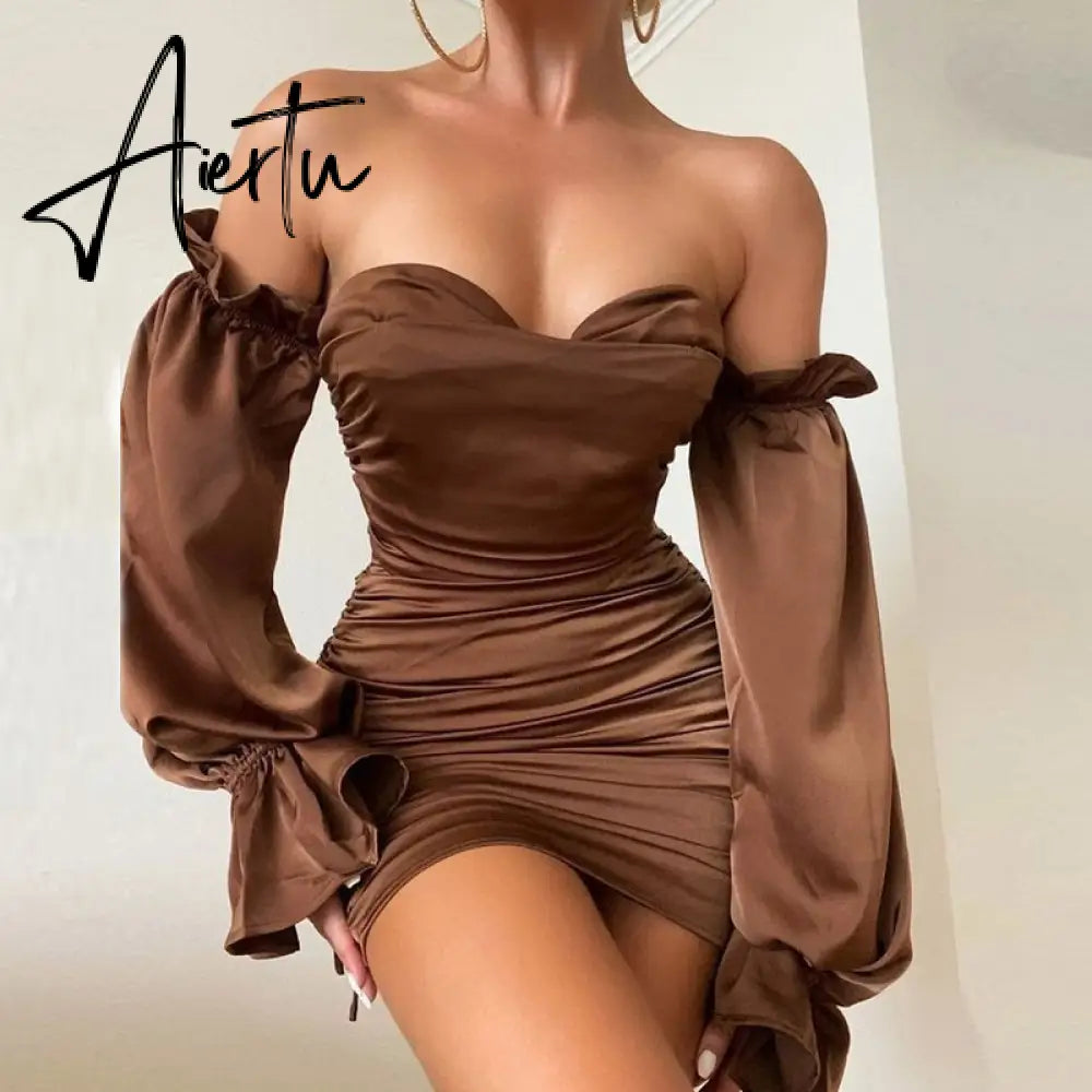 Aiertu Women Solid Long Loose Flare Sleeve With Drawstring Ruched Mini Dress spring  Autumn Streetwear Outfit Fashion Y2K Aiertu