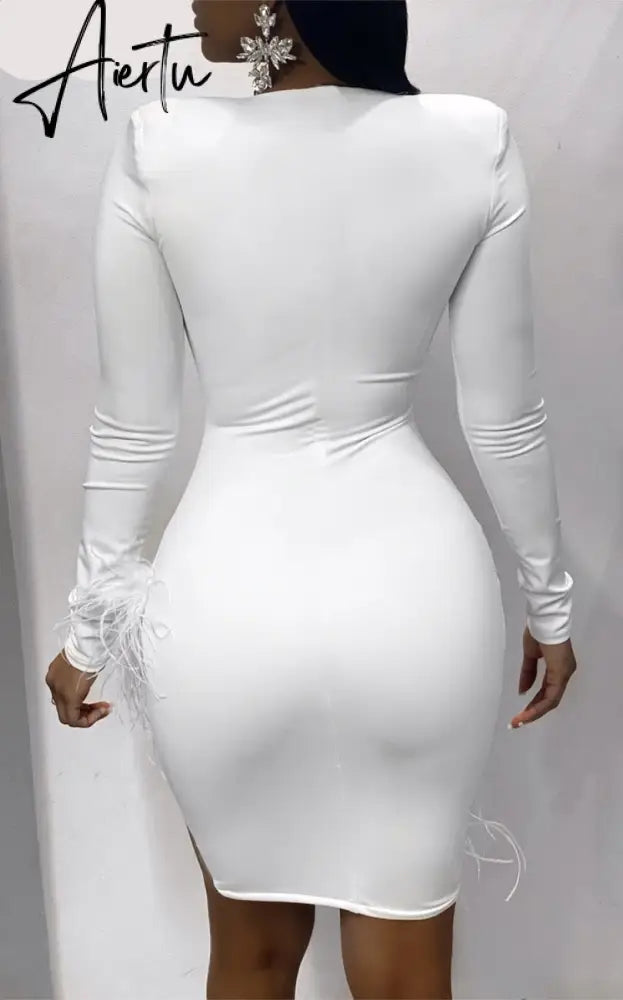 Aiertu  Women Solid Long Sleeve Feather Mesh Stitching Slim Sexy V-Neck Dress Fall Winter Elegant Party Streetwear Aiertu