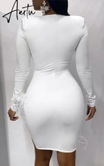 Aiertu  Women Solid Long Sleeve Feather Mesh Stitching Slim Sexy V-Neck Dress Fall Winter Elegant Party Streetwear Aiertu