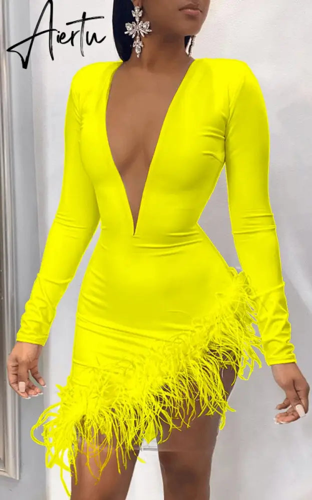 Aiertu  Women Solid Long Sleeve Feather Mesh Stitching Slim Sexy V-Neck Dress Fall Winter Elegant Party Streetwear Aiertu