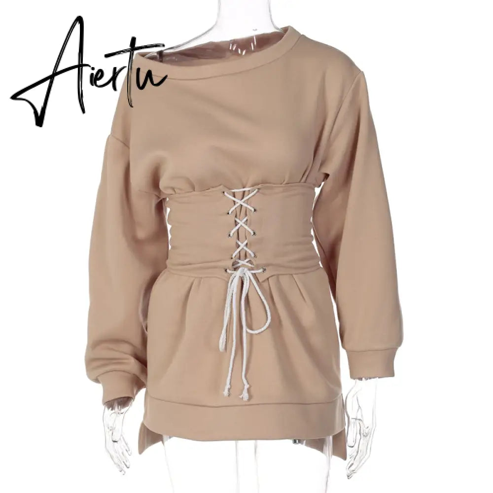 Aiertu  Women Solid Long Sleeve Off Shoulder Bandage Mini Dress With Corset Set  Autumn Streetwear Outfit Fashion Elegant Aiertu