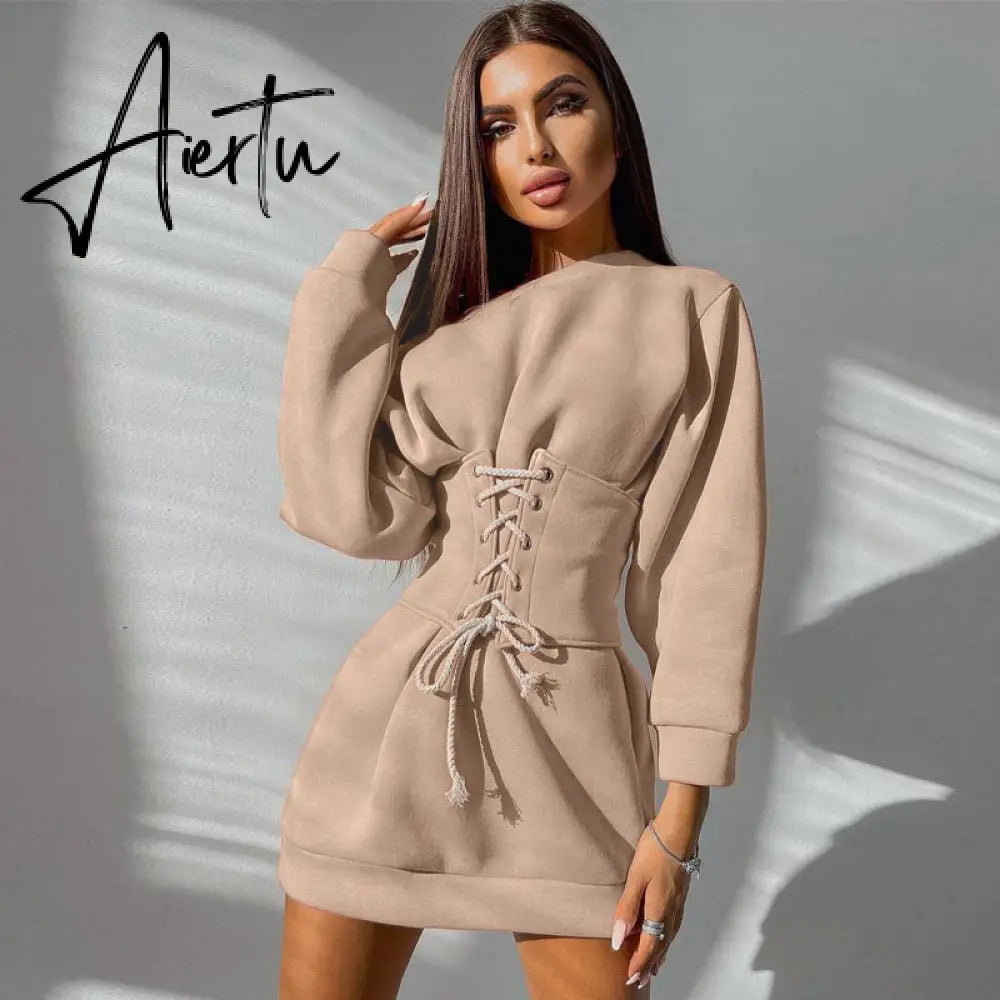 Aiertu  Women Solid Long Sleeve Off Shoulder Bandage Mini Dress With Corset Set  Autumn Streetwear Outfit Fashion Elegant Aiertu